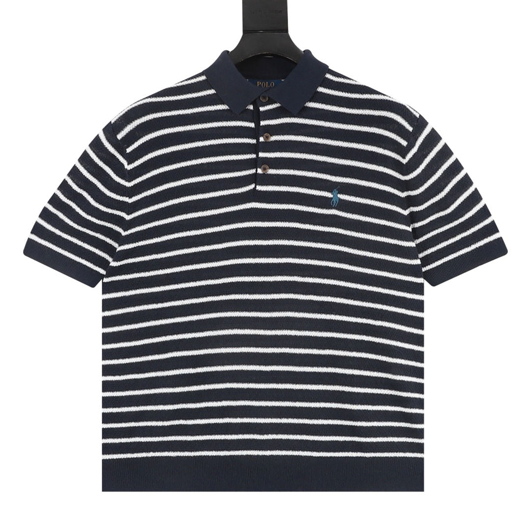 Pony Logo Striped Knitted Polo Shirt Navy/White