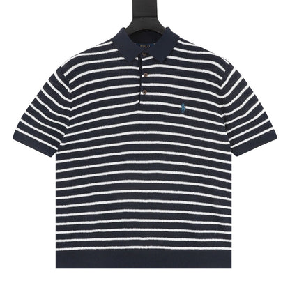 Pony Logo Striped Knitted Polo Shirt Navy/White