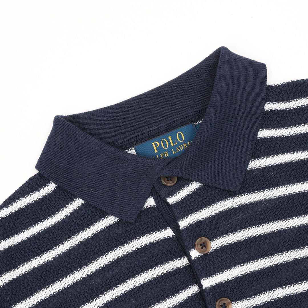 Pony Logo Striped Knitted Polo Shirt Navy/White