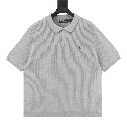 Pony Lapel Striped Polo Shirt Gray
