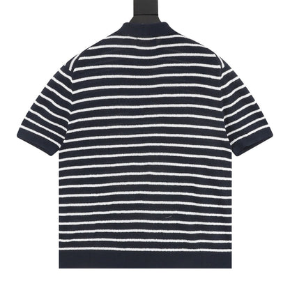 Pony Logo Striped Knitted Polo Shirt Navy/White